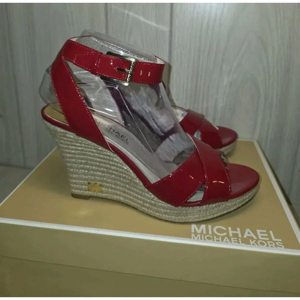 MICHAEL KORS MK Kami Patent Red Criss Cross Gold Logo Espadrille Wedge Size 8M